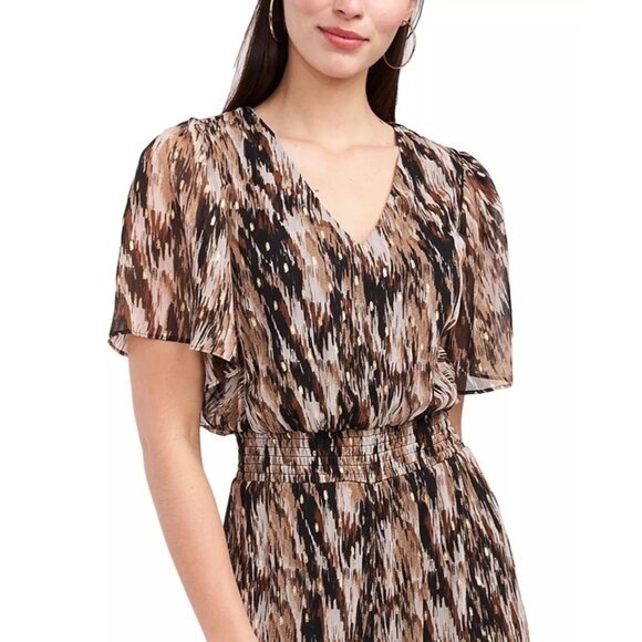 MSK Womens Wide Leg Smocked Jumpsuit Short Sleeve Pinstripe Brown Size Medium - Picture 4 of 5